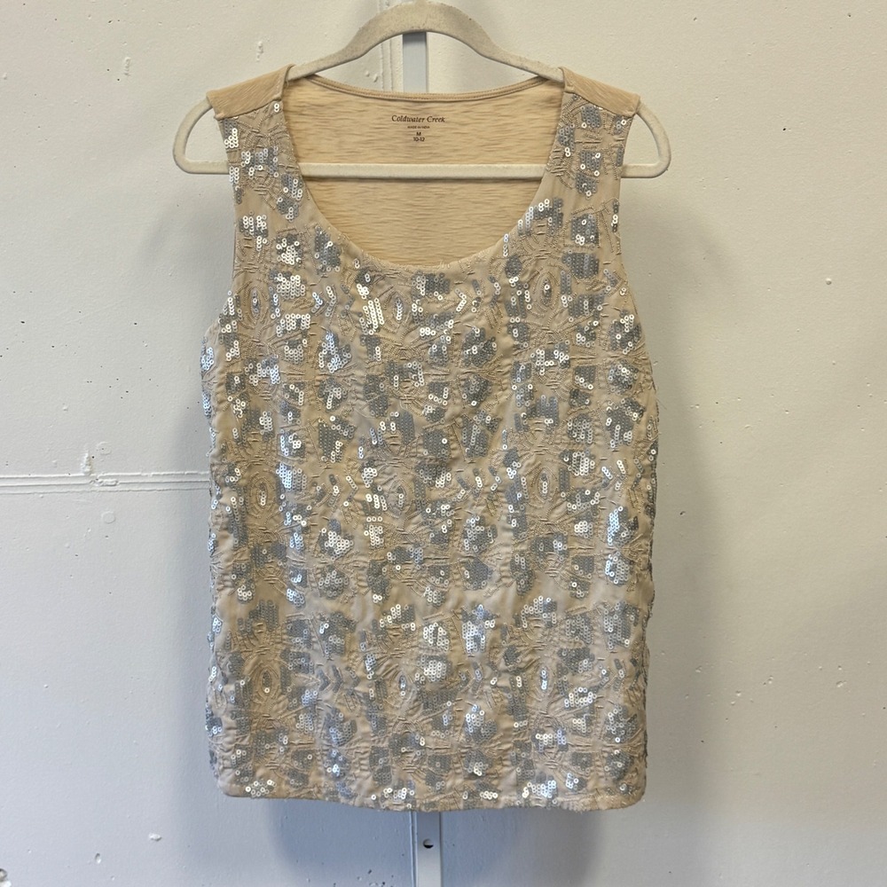 Coldwater Creek Women's Sequin Beaded Tank Top Beige Silver Floral Size M 10-12